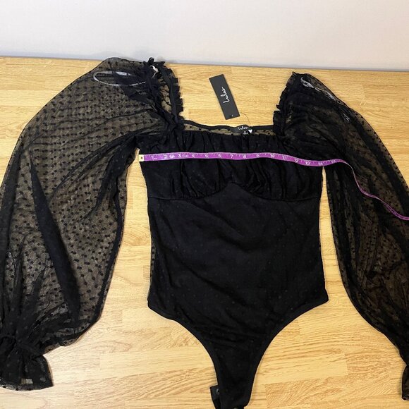 NWT Lulus Call The Dots Black Dotted Mesh Long Sleeve Bodysuit - Size M - Picture 3 of 4